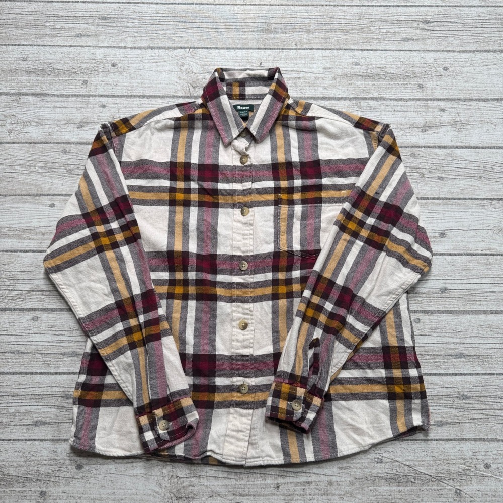 Roots Flannel Shirt Women's XS Burgundy Plaid Long Sleeve Button Down Workwear